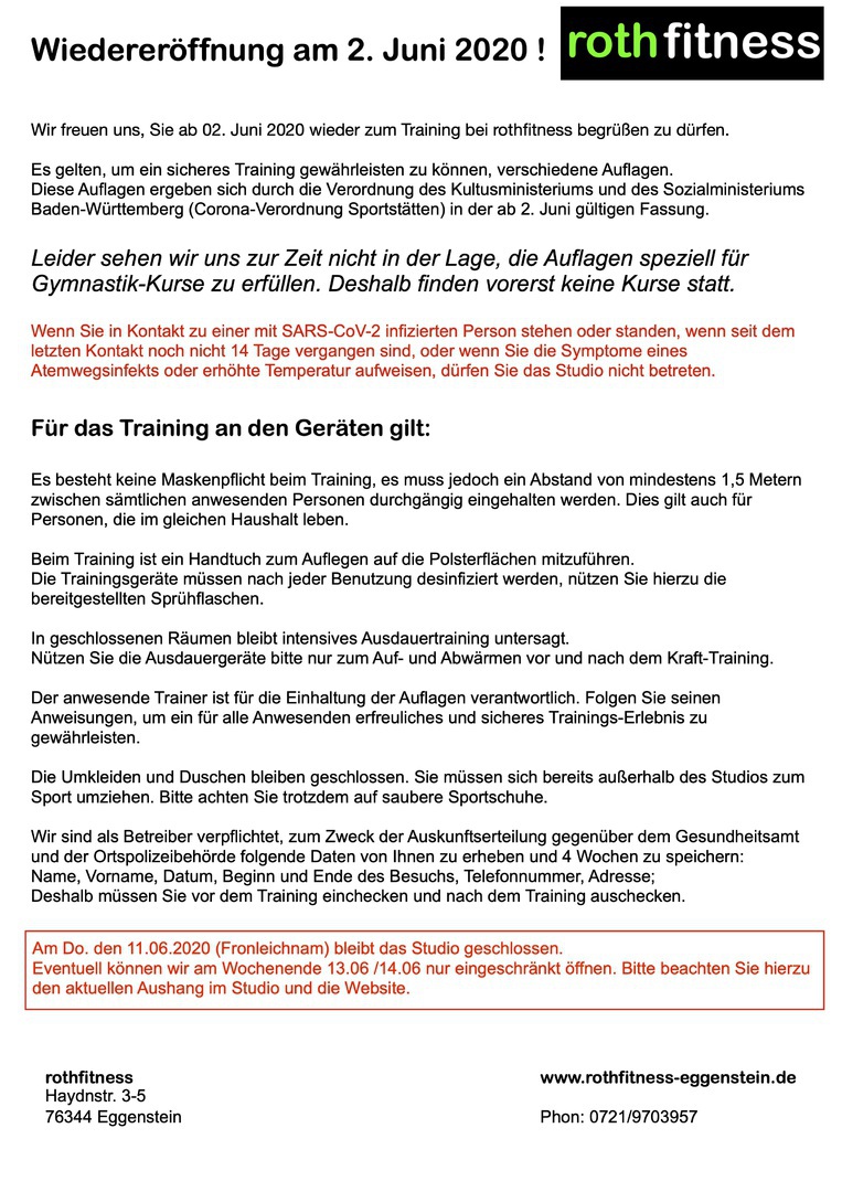 Aushang zur Wiedereröffnung am 02. Juni 2020 mit Hygiene-Regeln